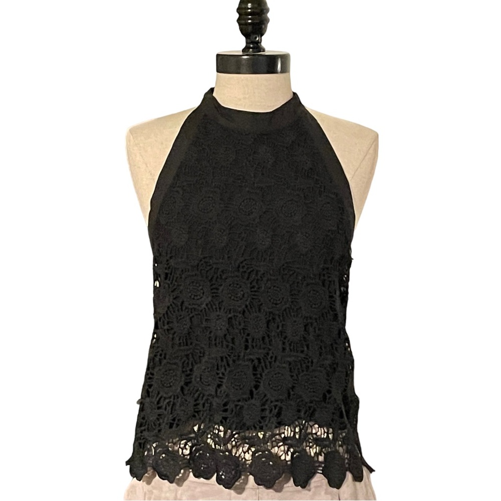 Tea & Cup Los Angeles Black Lace Open Back Top With Bow - Size Large